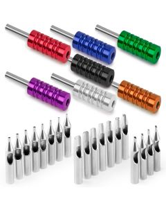 Rehab Ink 21 Stainless Steel Tattoo Tips Set with 7 Aluminum Ribbed Grips