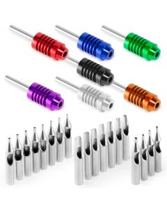 Rehab Ink 21 Stainless Steel Tattoo Tips Set with 7 Aluminum Ringed Grips